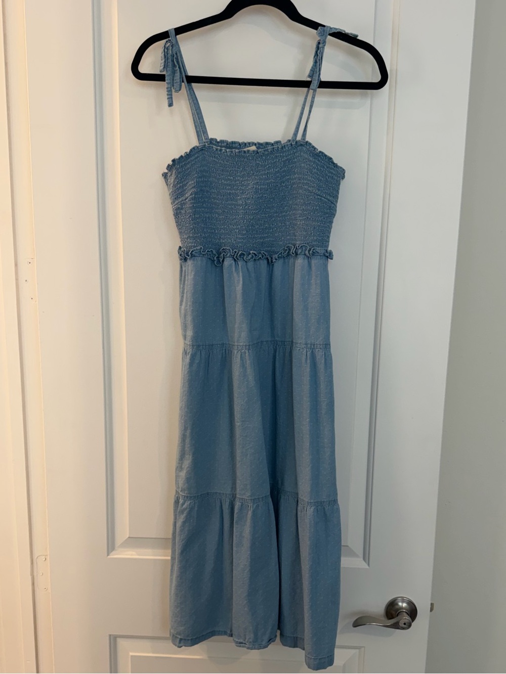 Madewell Light Blue Denim Smocked Tiered Maxi Dress with Tie Straps